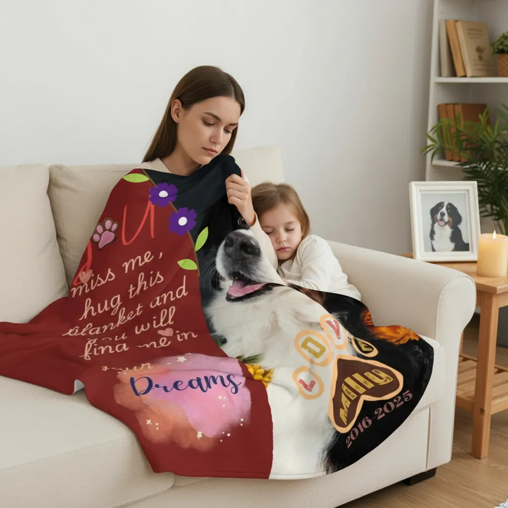 Blanket with 1 Custom Photo Hug me in your Dreams - Memorial Personalised Custom Blanket - Sympathy Gift For Pet Owners, Pet Lovers