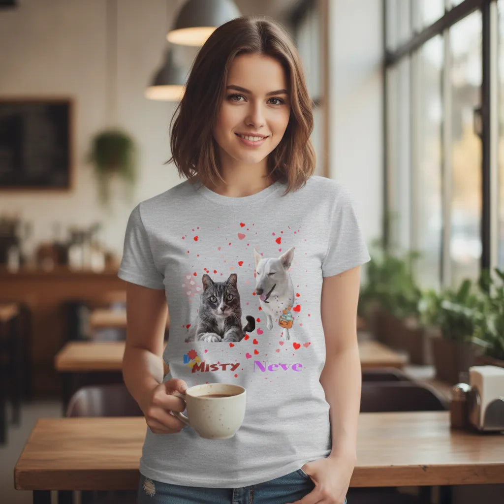Woman in a cafe wearing the grey t-shirt printed with photos of a cat and a dog and the names Misty and Neve