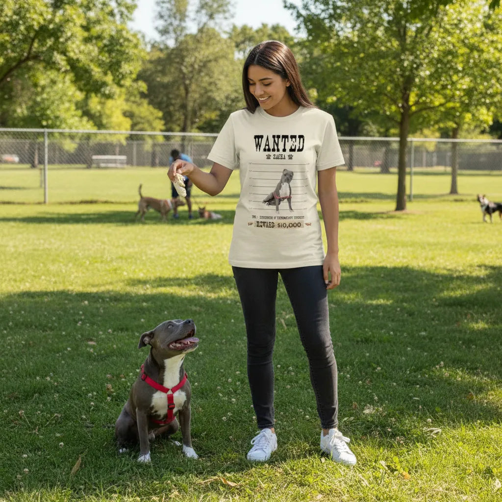 A woman stands on a grassy park lawn wearing a cream graphic t-shirt with a 'WANTED' dog print, paired with black leggings and white sneakers, while interacting with a grey and white dog wearing a red harness.