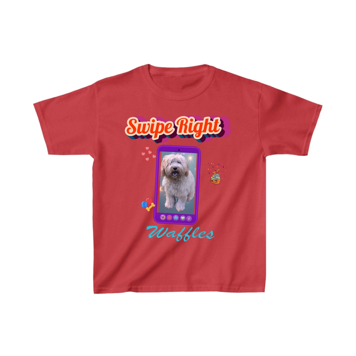 A red short-sleeve t-shirt with a colorful graphic on the front featuring the text 'Swipe Right' and 'Waffles' with a cartoon dog on a phone screen.