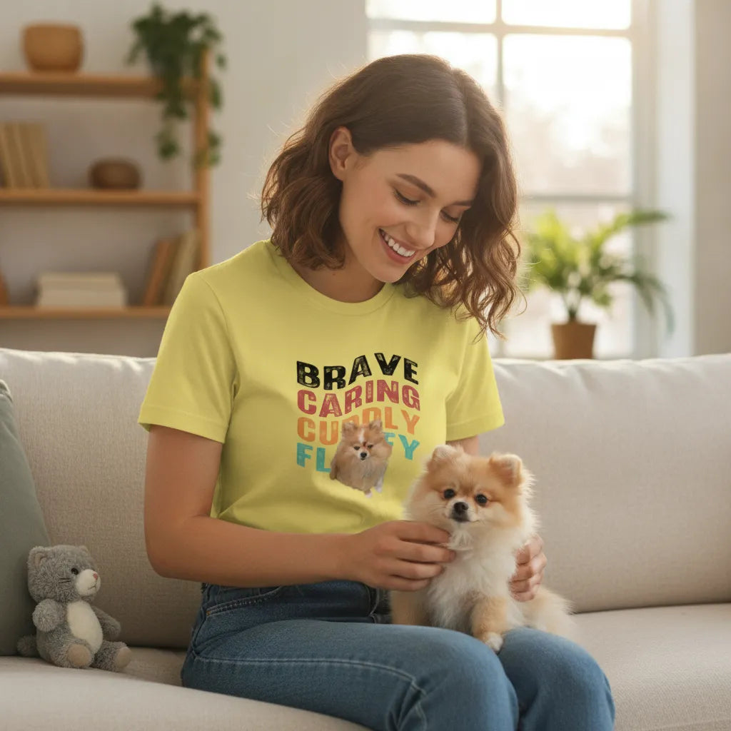 Woman on a sofa with a Pomeranian on her lap, wearing the yellow wave-text pet t-shirt