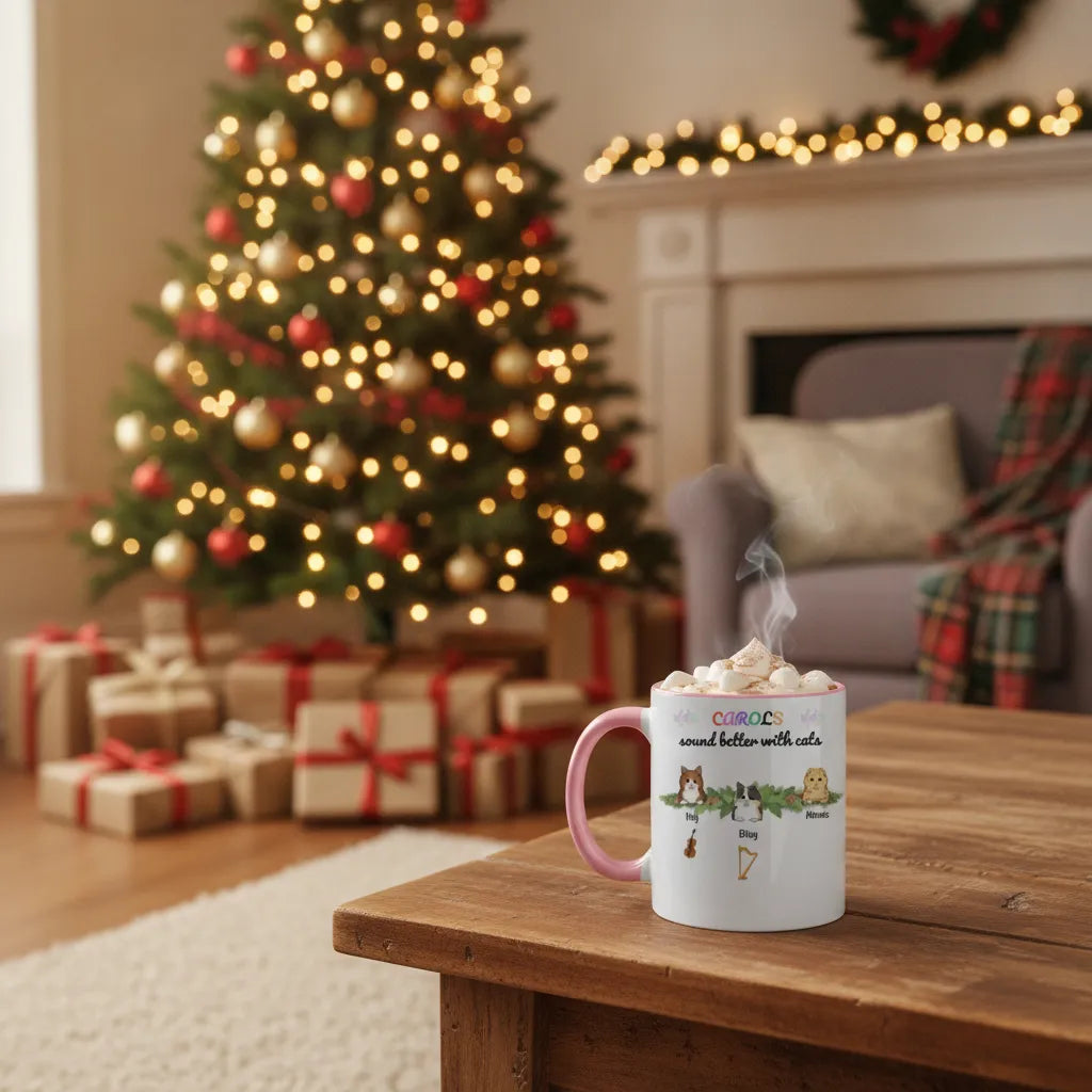 Marshmallow-topped Christmas cat mug steaming on a coffee table in front of a lit Christmas tree and wrapped presents