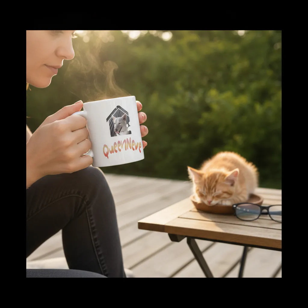Woman holding the steaming QueenNeve pet photo mug outdoors while a ginger kitten sleeps on the table beside her