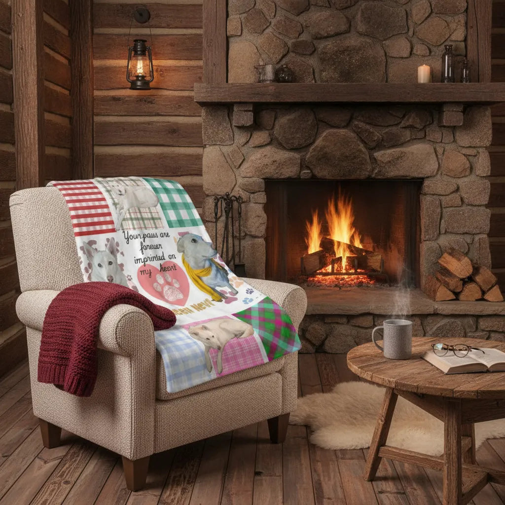 The patchwork pet photo blanket draped over an armchair beside a lit stone fireplace in a cabin