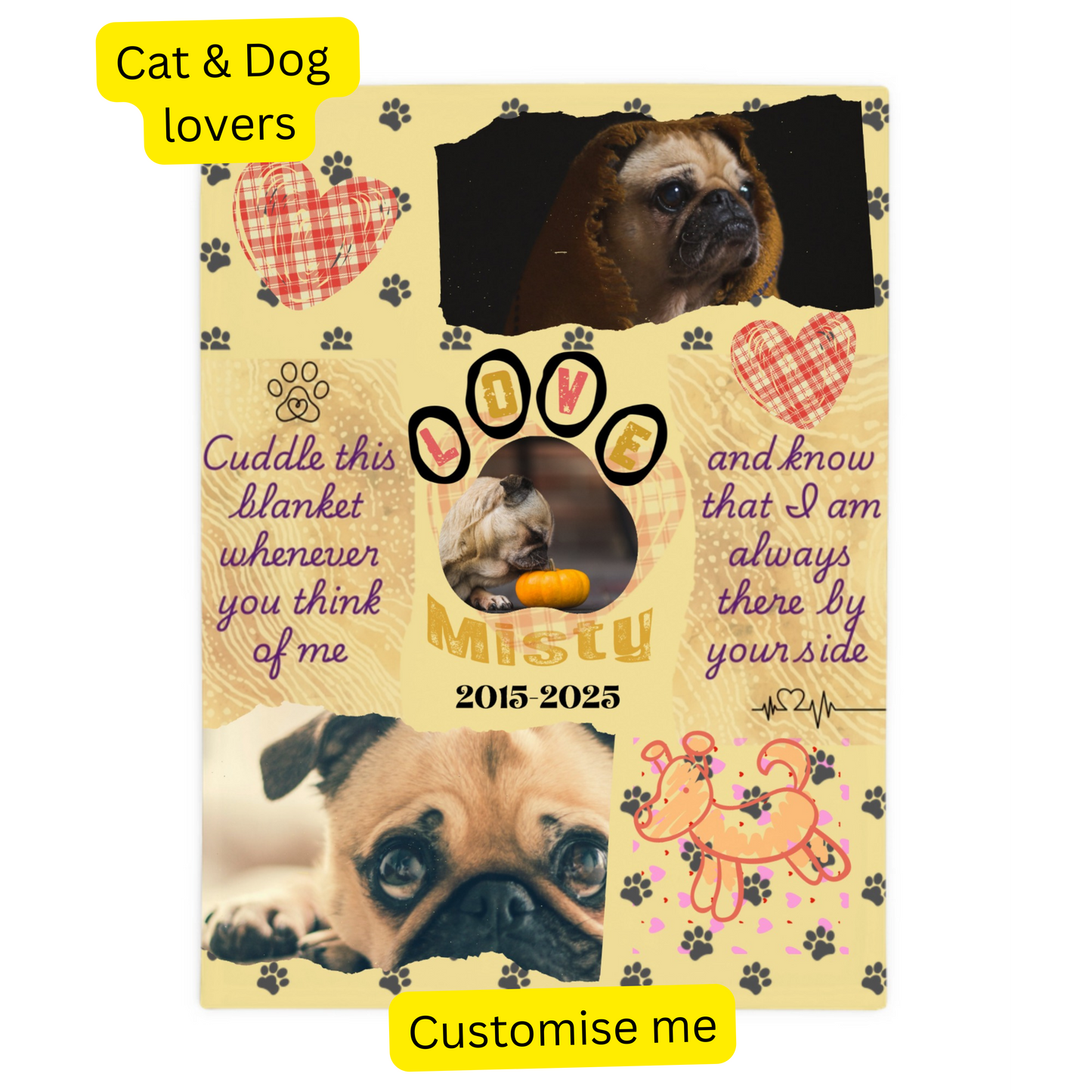 Plush Fleece Blanket with 3 Custom Photo inserts - Memorial Personalised Custom Blanket - Sympathy Gift For Pet Owners, Pet Lovers