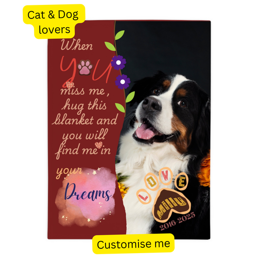 Blanket with 1 Custom Photo Hug me in your Dreams - Memorial Personalised Custom Blanket - Sympathy Gift For Pet Owners, Pet Lovers