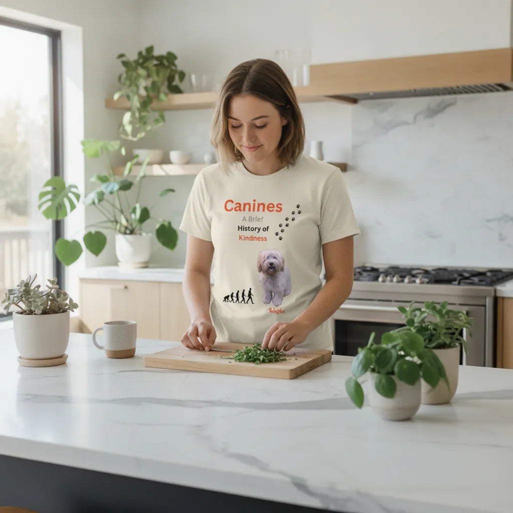 Woman chopping herbs in a kitchen wearing the cream Canines: A Brief History of Kindness t-shirt