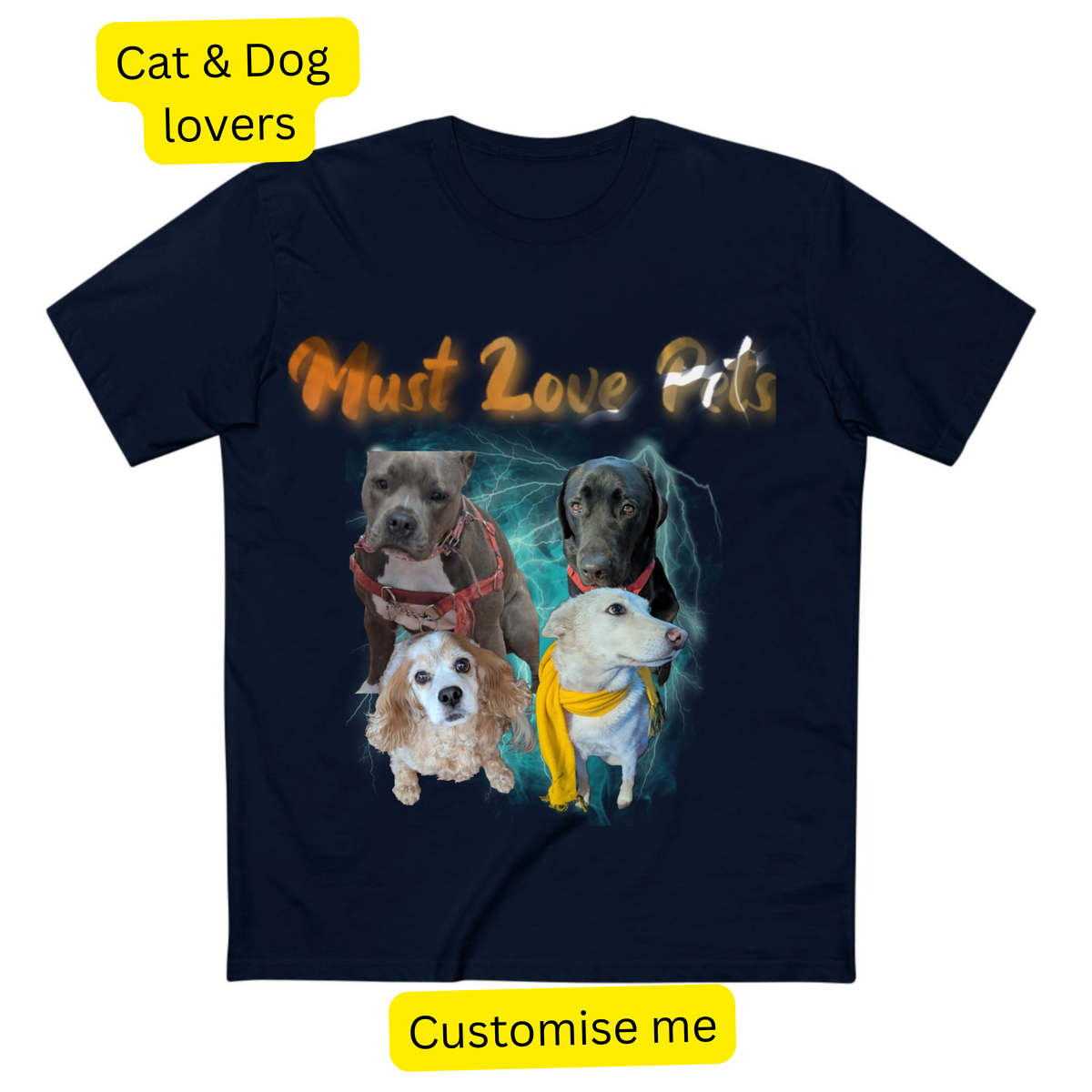 Navy t-shirt printed 'Must Love Pits' above photos of four dogs on a smoky blue background