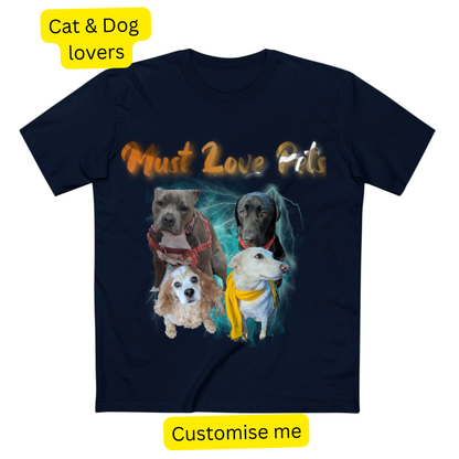 Navy t-shirt printed 'Must Love Pits' above photos of four dogs on a smoky blue background