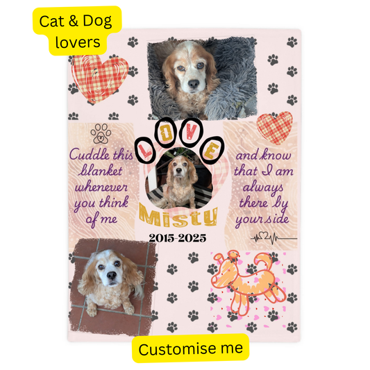 Photo blanket printed with three pictures of a cocker spaniel, a paw-print frame and the words 'Cuddle this blanket whenever you think of me'