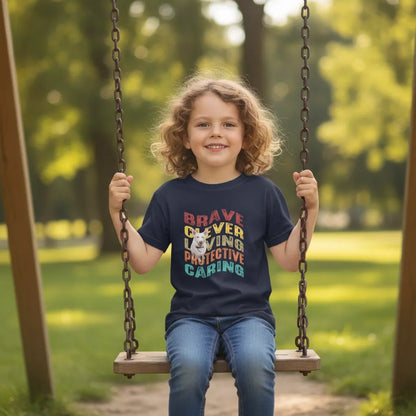 Girl on a park swing wearing the navy wave-text kids' t-shirt