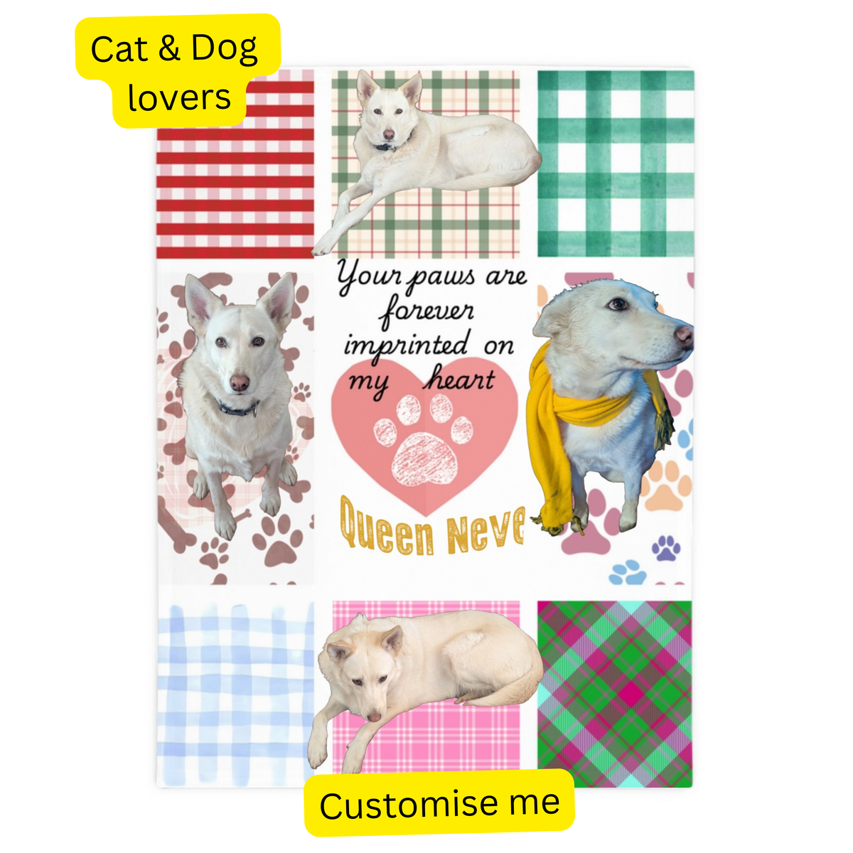 Photo blanket printed with four pictures of a white dog on a patchwork of gingham and check panels, with the words 'Your paws are forever imprinted on my heart'