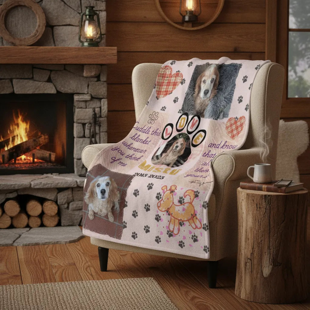 The memorial photo blanket draped over an armchair beside a lit stone fireplace in a cabin