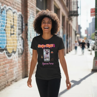 Woman walking down a street past a graffiti wall, wearing the black Swipe Right t-shirt