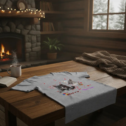 The grey personalised pet photo t-shirt laid flat on a wooden table in a cabin beside a mug and an open book