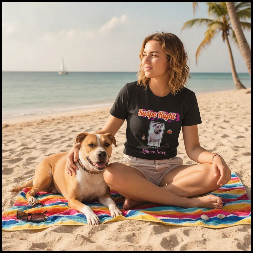 Woman on a striped beach towel beside her dog, wearing the black Swipe Right t-shirt