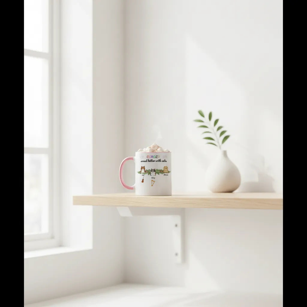 The personalised Christmas cat mug on a sunlit floating shelf beside a white vase