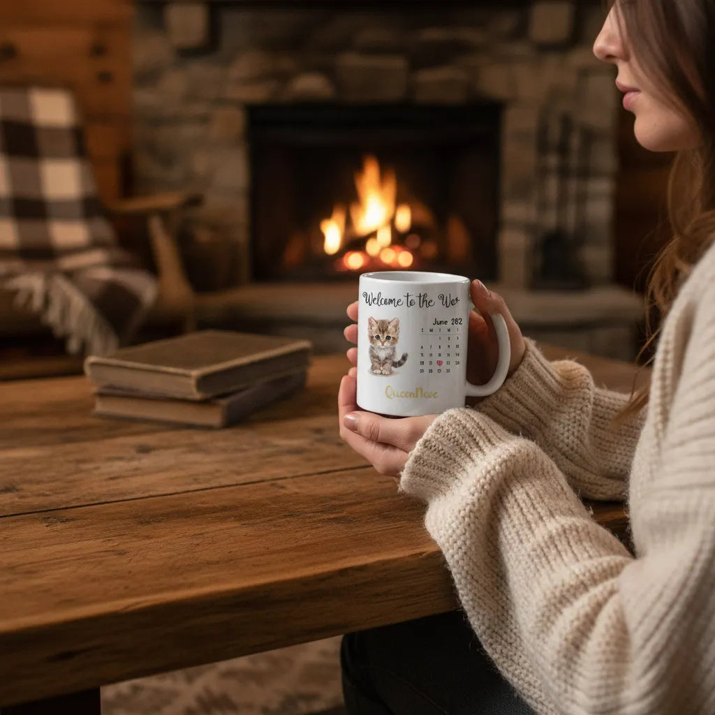 Woman in a cream jumper holding the 'Welcome to the World' mug at a wooden table in front of a lit fireplace