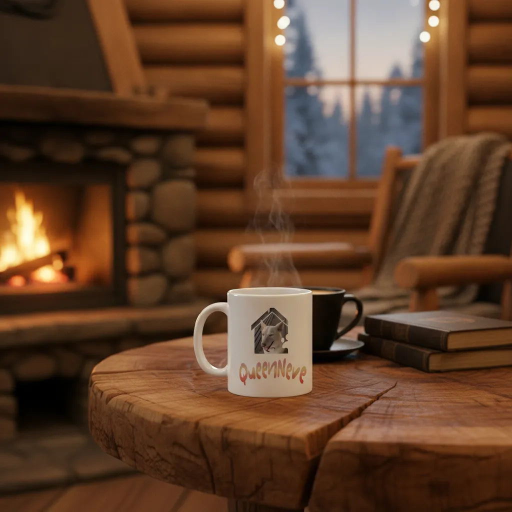 The personalised QueenNeve pet photo mug steaming on a wooden table in a log cabin beside a lit fireplace