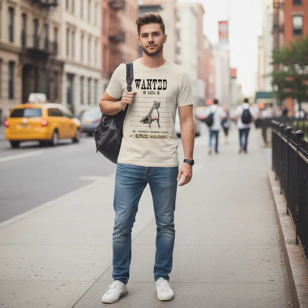 A man standing on a city sidewalk wearing a beige graphic t-shirt with a dog 'WANTED' print, blue jeans, white sneakers, and carrying a black shoulder bag.