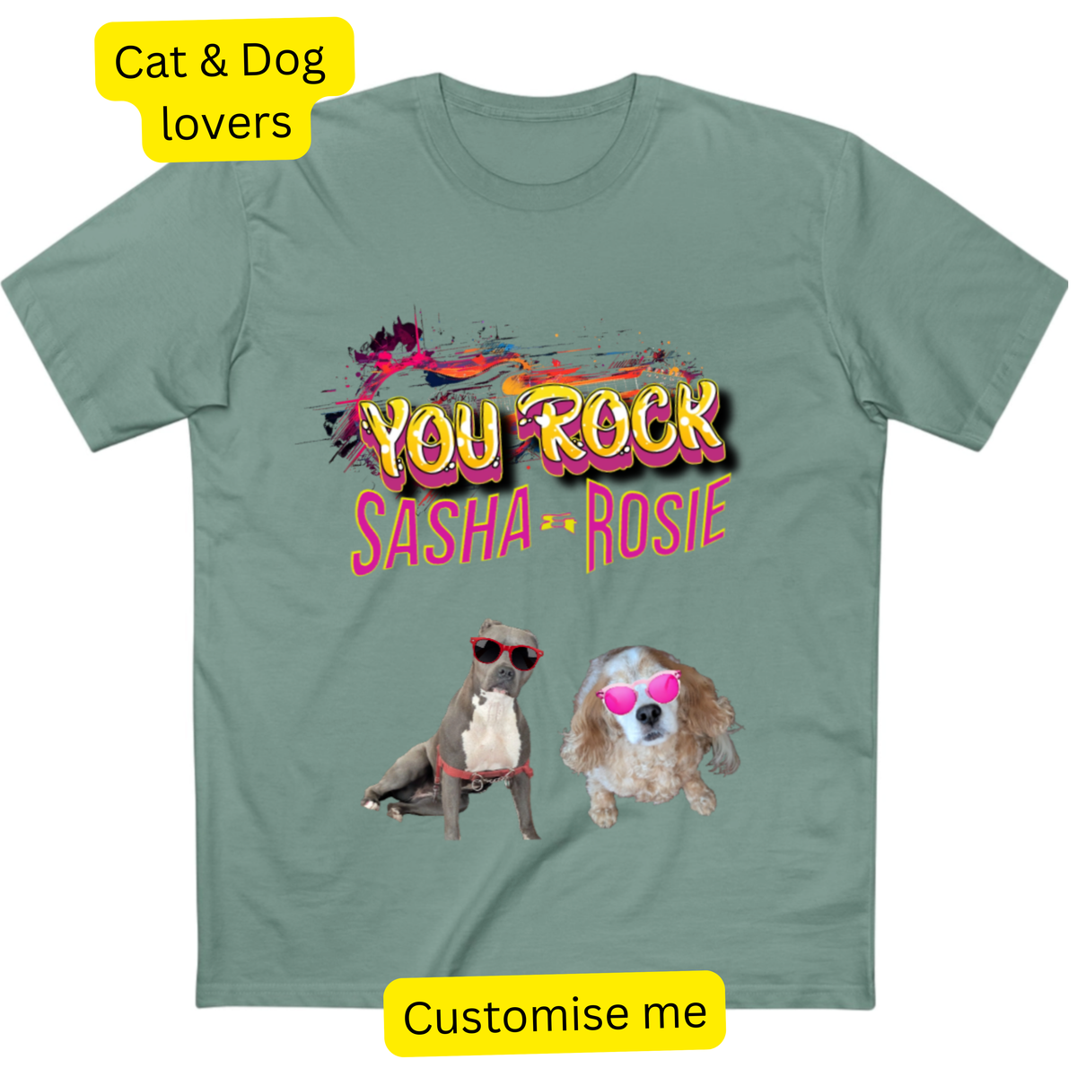 T-shirt printed 'You Rock' above personalised pet photos wearing heart-shaped sunglasses