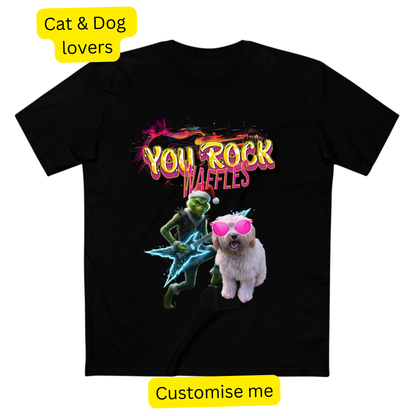 Christmas t-shirt printed with a personalised pet photo in sunglasses alongside Rock Star Santa, the Grinch and elves