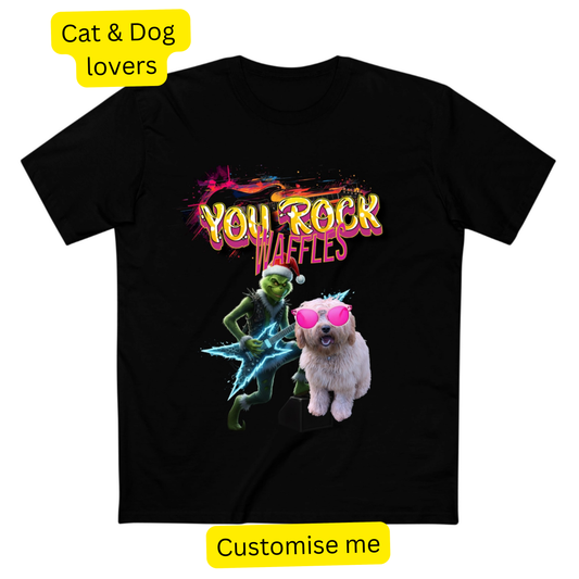 Christmas t-shirt printed with a personalised pet photo in sunglasses alongside Rock Star Santa, the Grinch and elves