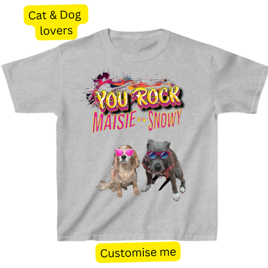 Kids' t-shirt printed 'You Rock' above a personalised pet photo wearing heart-shaped sunglasses