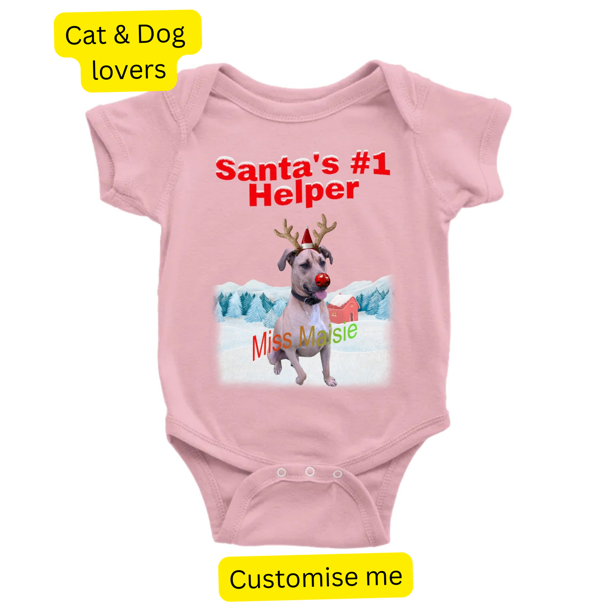 Baby bodysuit printed 'Santa's #1 Helper' with a personalised pet photo