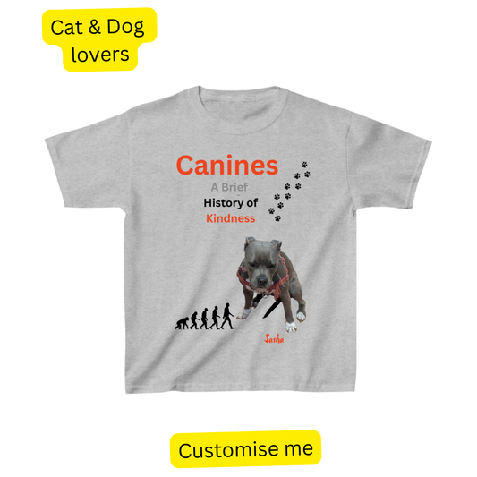 Grey kids' t-shirt printed 'Canines: A Brief History of Kindness' with an evolution illustration and a photo of a pit bull terrier
