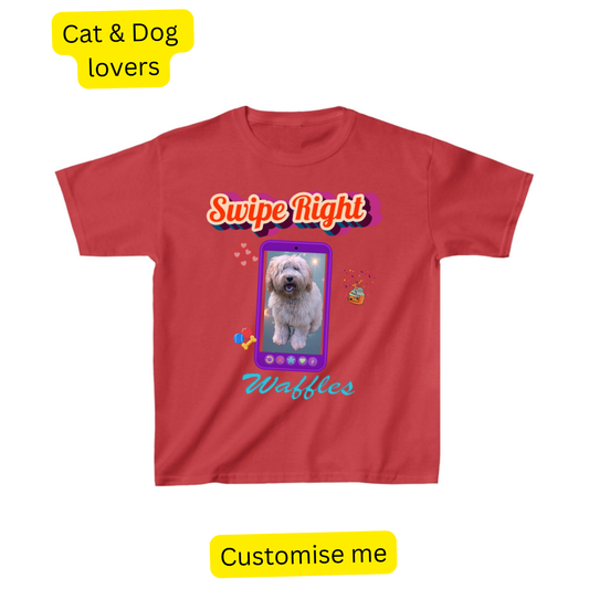 Red kids' t-shirt printed 'Swipe Right' above a phone screen showing a photo of Waffles the dog