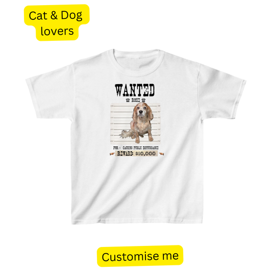 White kids' t-shirt printed with a WANTED poster of a cocker spaniel and a $10,000 reward