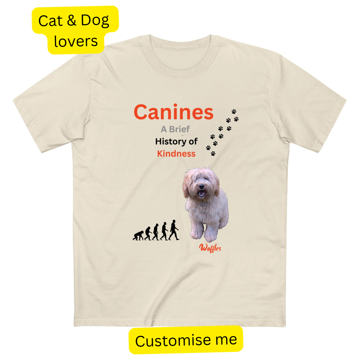 T-shirt printed with an evolution-style illustration titled 'A Brief History of Kindness' and a personalised pet photo