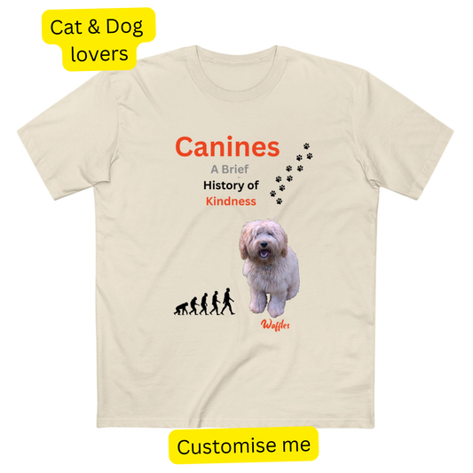 T-shirt printed with an evolution-style illustration titled 'A Brief History of Kindness' and a personalised pet photo