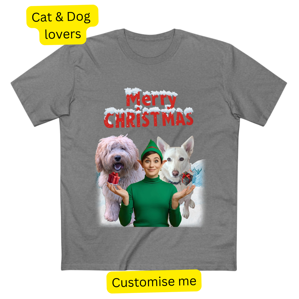 Christmas t-shirt printed with Santa and elves alongside one or two personalised pet photos