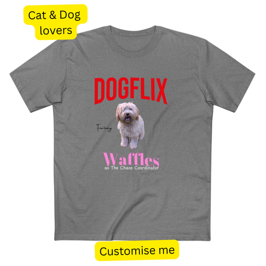 T-shirt printed with a PetFlix streaming-style title card featuring a personalised pet photo and name