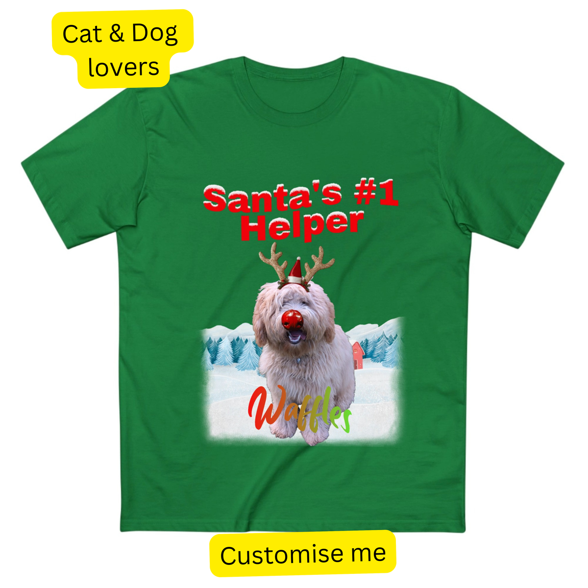 Christmas t-shirt printed 'Santa's #1 Helper' with a personalised pet photo