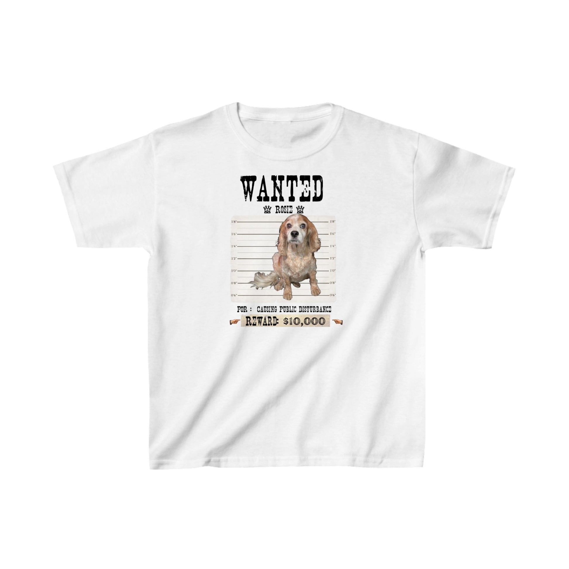 A white short-sleeve crewneck t-shirt featuring a 'WANTED' poster graphic of a brown and white collie dog with a cat, displayed on a clean white background.