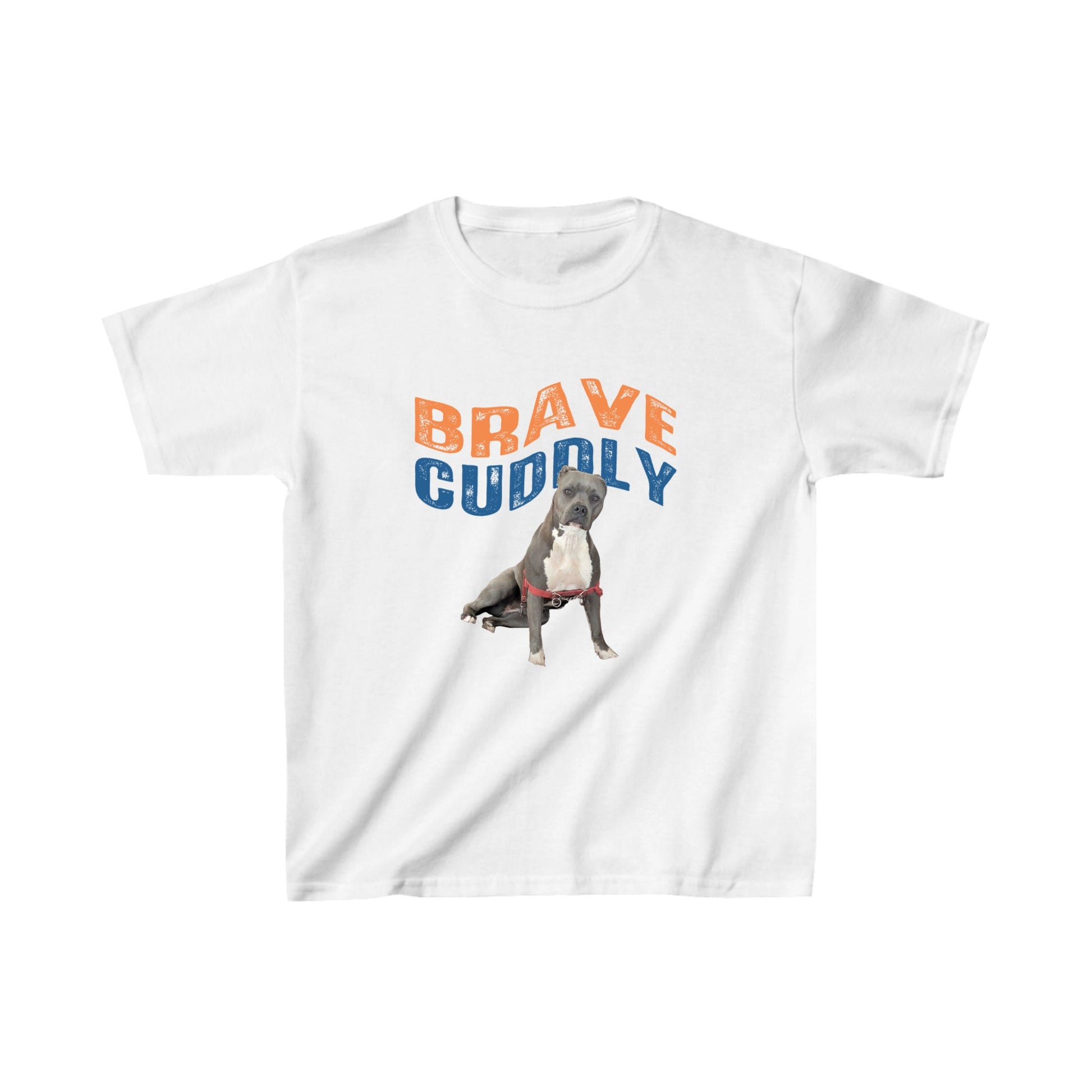 A white short-sleeve crewneck t-shirt featuring a graphic print of a pitbull-type dog wearing a red harness, with the text 'BRAVE CUDDLY' in orange and blue above it.