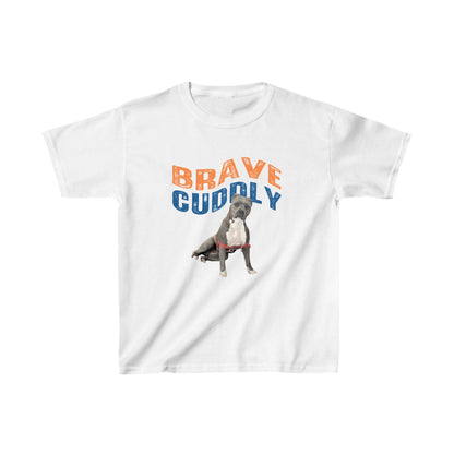 A white short-sleeve crewneck t-shirt featuring a graphic print of a pitbull-type dog wearing a red harness, with the text 'BRAVE CUDDLY' in orange and blue above it.