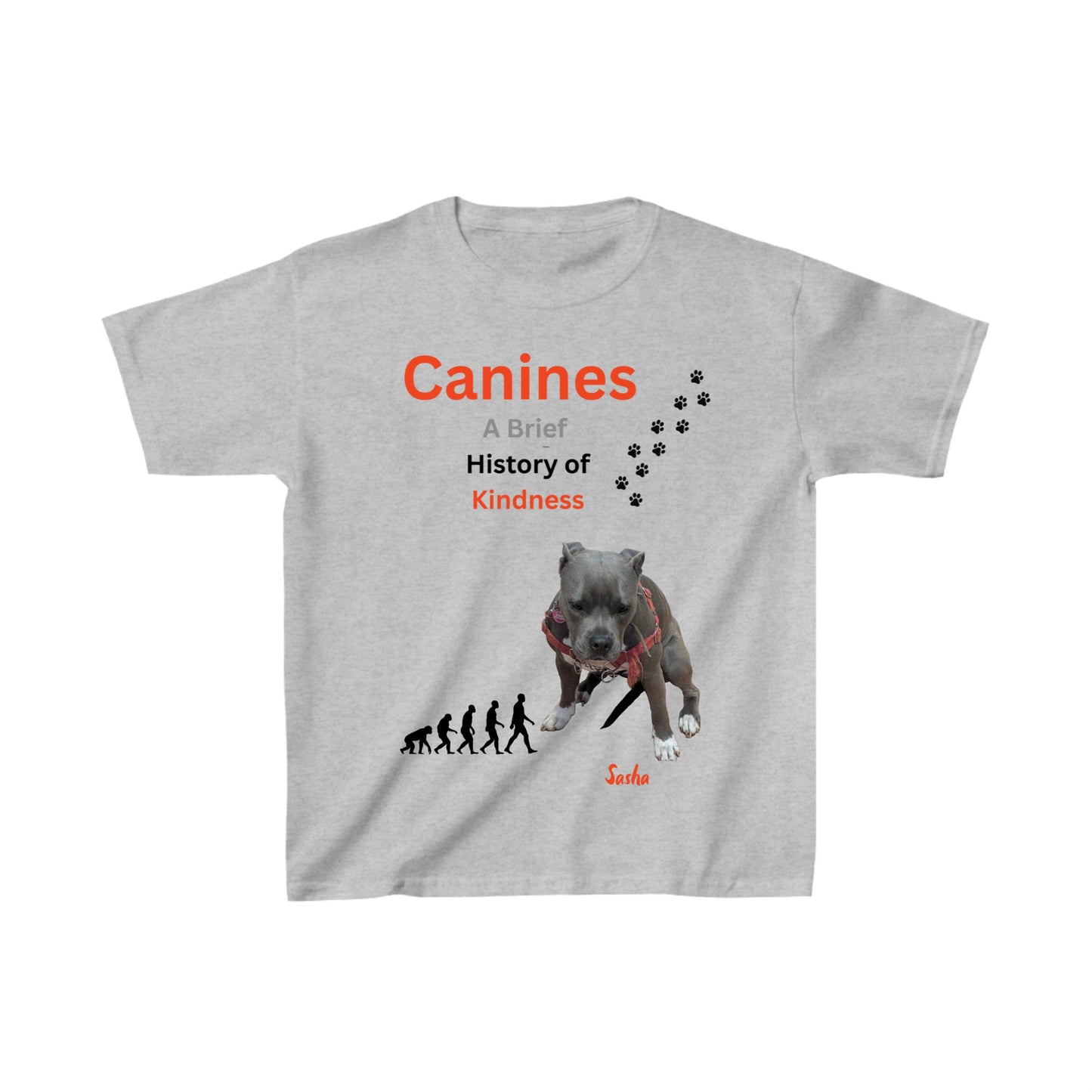 A light gray short-sleeve t-shirt with a graphic print on the front. The print features the text 'Canines A Brief History of Kindness' in orange and black, accompanied by a graphic of an evolution sequence of humans and a pitbull-type dog wearing a red collar, with the name 'Dana Nee' printed in red at the bottom.