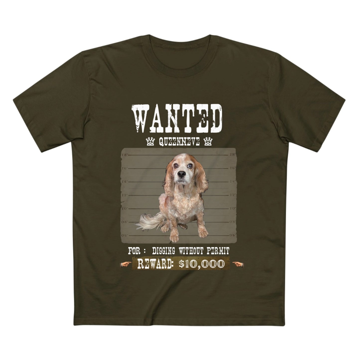 An olive green crewneck t-shirt featuring a 'WANTED' dog poster graphic in the center with a cartoon dog and text reading 'FOR: DISING WITNESS PERMIT RWARD $10,000'.