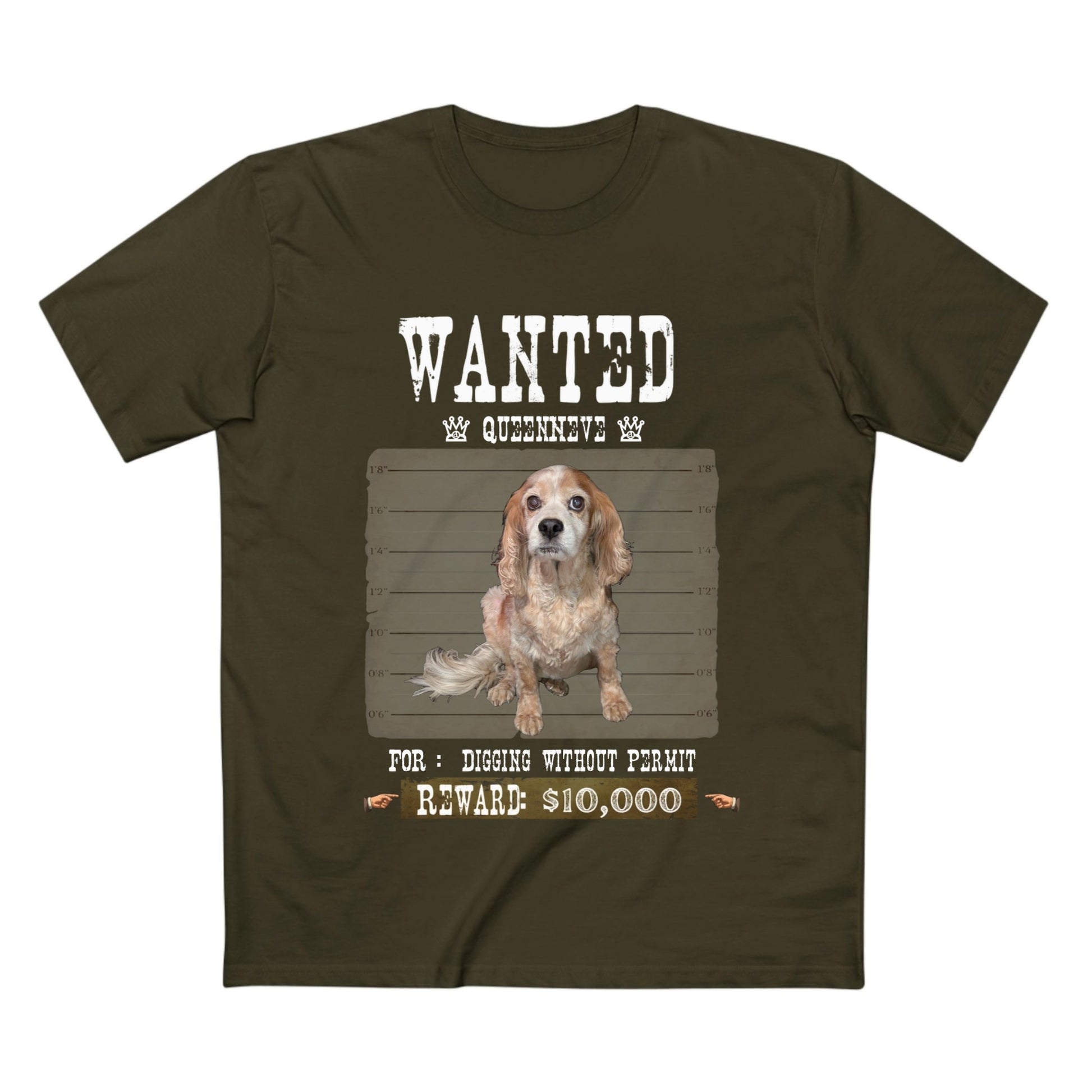 An olive green crewneck t-shirt featuring a 'WANTED' dog poster graphic in the center with a cartoon dog and text reading 'FOR: DISING WITNESS PERMIT RWARD $10,000'.