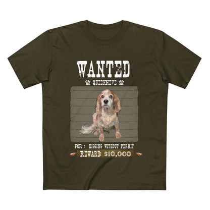 An olive green crewneck t-shirt featuring a 'WANTED' dog poster graphic in the center with a cartoon dog and text reading 'FOR: DISING WITNESS PERMIT RWARD $10,000'.