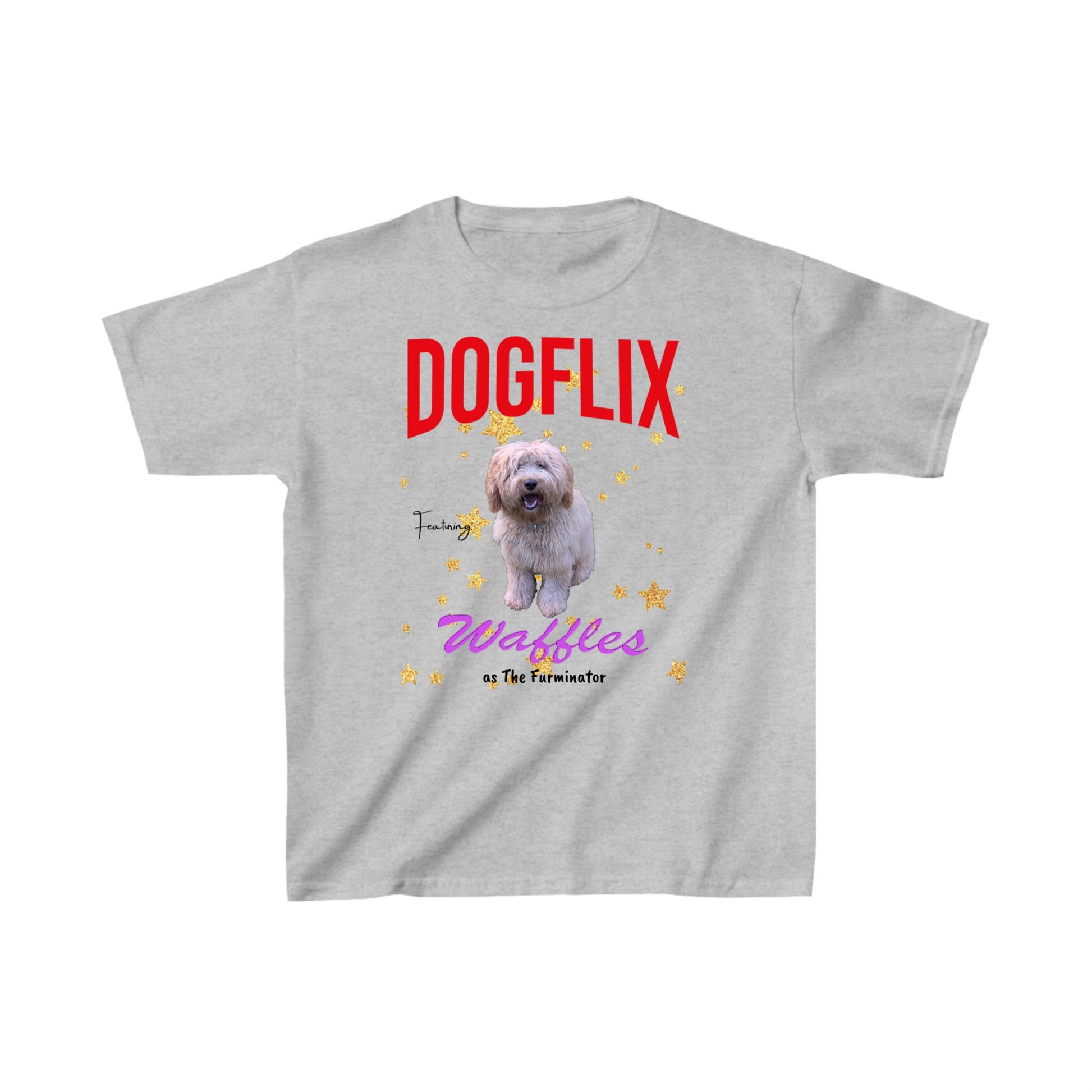 A light gray short-sleeve t-shirt with a custom graphic print featuring a fluffy brown dog, the word 'DOGFLIX' in bold red letters, and 'Waffles is The Furminator' in pink script, accented with small yellow stars.