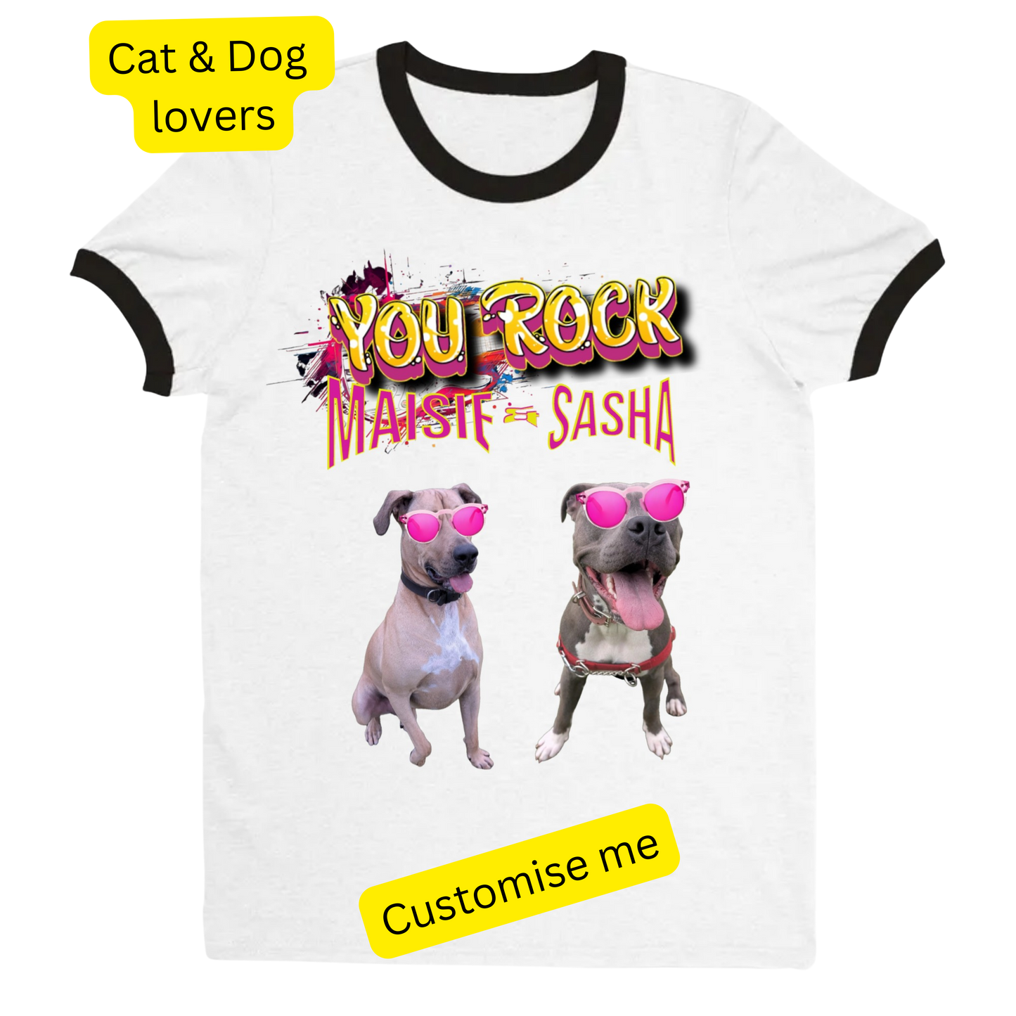 White t-shirt with two dogs wearing pink sunglasses and text 'You Rock Masti & Sasha' on a white background.
