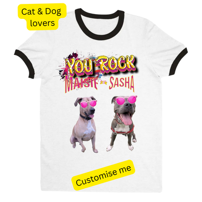 White t-shirt with two dogs wearing pink sunglasses and text 'You Rock Masti & Sasha' on a white background.