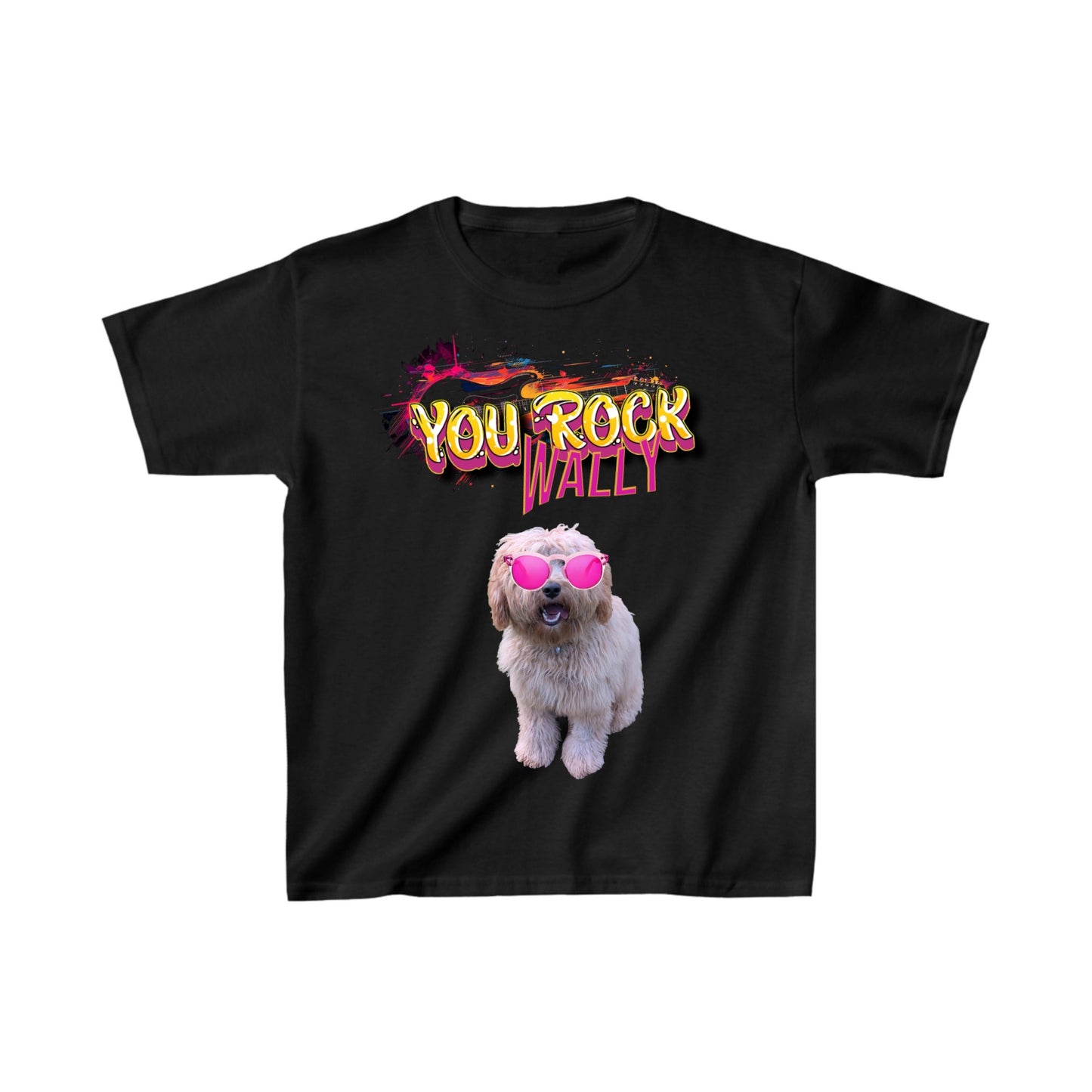 A black short-sleeve t-shirt with a graphic print featuring the text 'YOU ROCK WALLY' in a colorful graffiti-style font above a photo of a fluffy white dog wearing pink sunglasses, displayed on a solid white background.