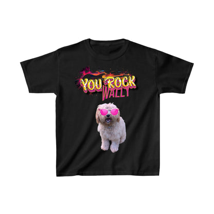 A black short-sleeve t-shirt with a graphic print featuring the text 'YOU ROCK WALLY' in a colorful graffiti-style font above a photo of a fluffy white dog wearing pink sunglasses, displayed on a solid white background.