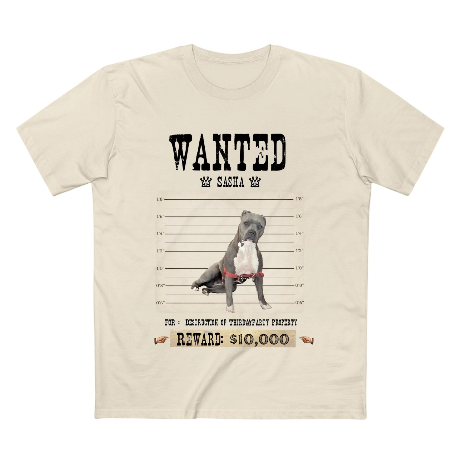 A light beige crewneck t-shirt featuring a 'WANTED' poster graphic for a pitbull named Sasha, with a mugshot-style photo, height lines, and a reward of $10,000.
